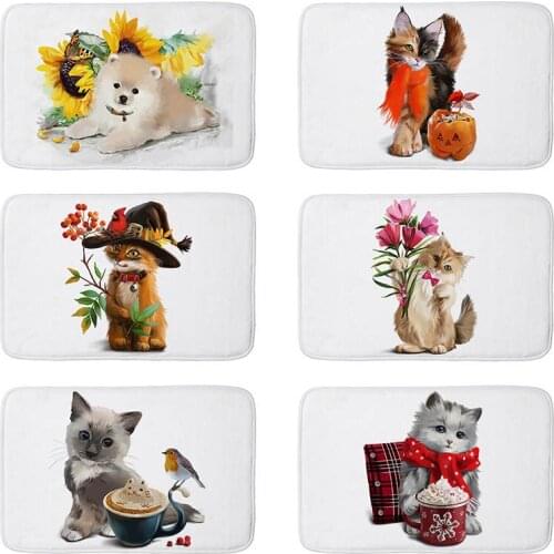 Cartoon cute pet dog cats printed Flannel Floor Mat Anti-Slip Tapete Floor Mats Kitchen Doormat welcome mats for front door