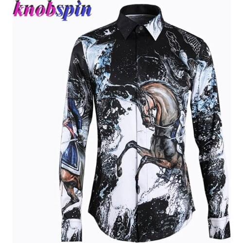 Europe Fashion Printed Shirt men 2019 Long sleeve Clothes male Turn down collar Slim Casual business male dress shirts Plus size