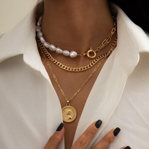 Baroque Irregular Pearl Coin Pendant Chain Multilayer Necklace pendant Choker Necklaces Women party Jewelry