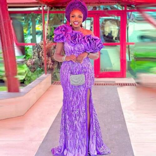 Nigerian Purple Mermaid Evening Dresses Beading Appliques Off Shoulder African Slit Prom Dress Aso Ebi robes de soirée