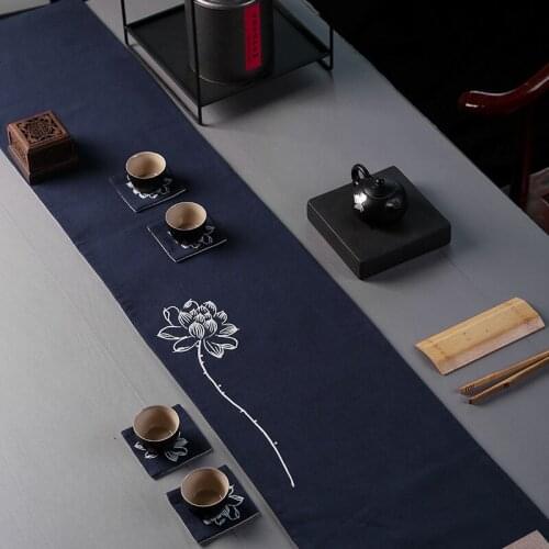 New Chinese Style Lotus Cotton Linen Table Runners Simple Modern Table Flags Plain Floral Decor Tea Cloth For Wedding Party Home