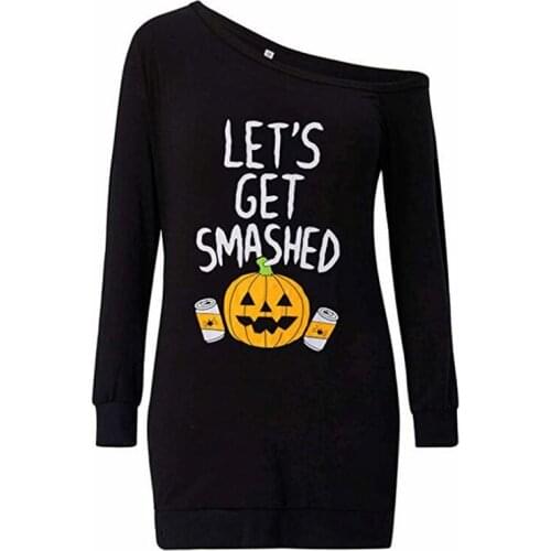 QRWR 2020 Autumn Halloween Printing Dresses Women Long Sleeve Off Shoulder Midi Dress A Line Casual Party Women Dress