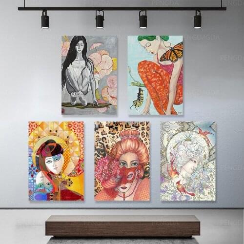 Poster Prints Colorful Woman Butterfly Abstract Canvas Painting Home Decoration Living Room Wall Art Framework Pictures Modular