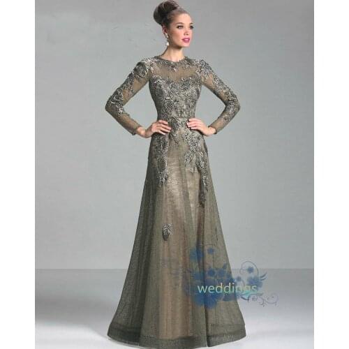 2016 New O-Neck Long Sleeve Mother of the Bride Dresses crystal beading Elegant Lace Appliques Dress for Mother Weddings