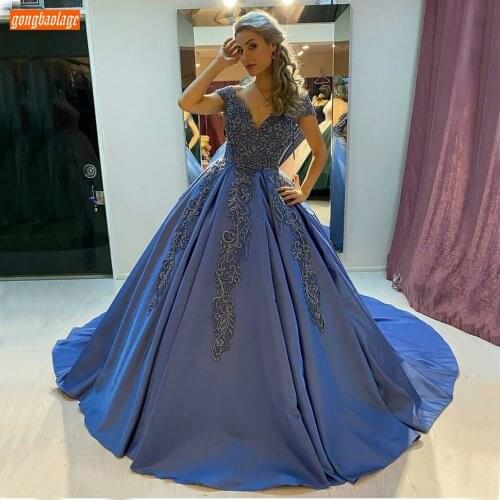 Luxury Royal Blue Evening Gowns Appliqued Beaded Lace Up Satin Banquet Vestidos De Fiesta De Noche 2020 Long Party Dresses Women