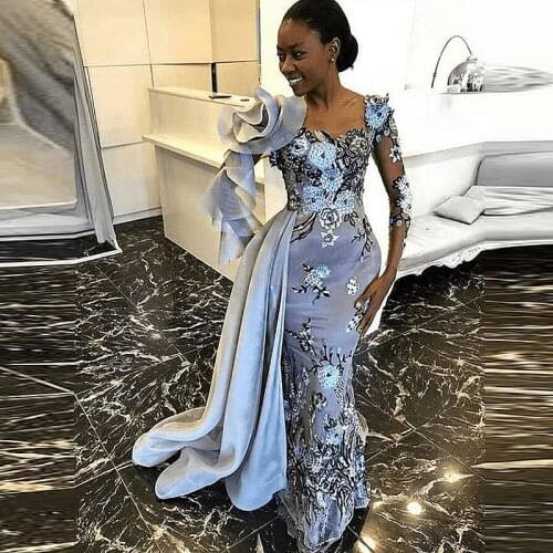 Saudi Arabic Women Formal Evening Dresses Ruffles Illusion Long Sleeves Appliques robe de soirée de mariage Mermaid Prom Dress