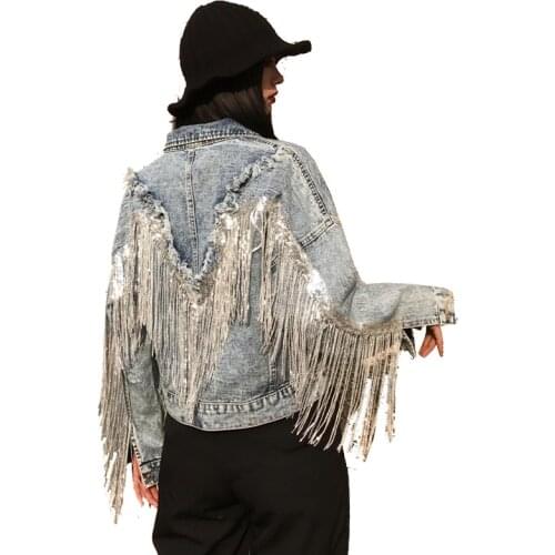 Heavy industry Sequins tassel embroidery denim jacket women long sleeve denim jacket 2020 new