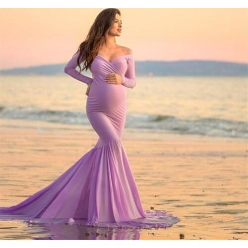 Evening Party Pregnant Dress Wedding Floor-Length Dress V-Neck Long Sleeve Dress Photography Props Photo Shoot Pregnancy Dress