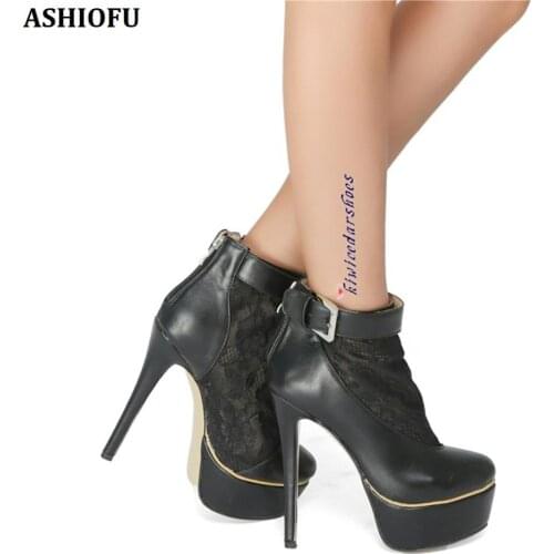 ASHIOFU Handmade Womens High Heel Platform Boots Mesh-air Sexy Buckle Straps Ankle Boots Evening Club Fashion Boots Shoes