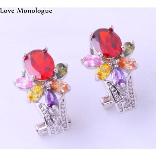 Love Monologue Flower Style Red Imitation Garnet & Multicolor Cubic Zirconia Earring Womens Silver Color Clip Earrings J0055