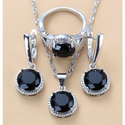 2020 New 925 Silver Wedding Jewelry Sets Black Zircon Dangle Earrings and Necklace Ring 3 piece Set women Trendy Costume
