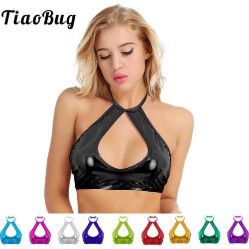 TiaoBug Fashion Women Shiny Metallic Faux Leather Halter Crop Top Festival Rave Stage Performance Costume Club Party Sexy Tops
