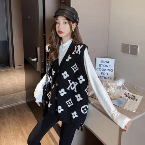 Fashion Letter Pattern Cardigan Vest For Women Spring Autumn Korean Style Sleeveless Cardigans Single Breasted Vest Coat Female