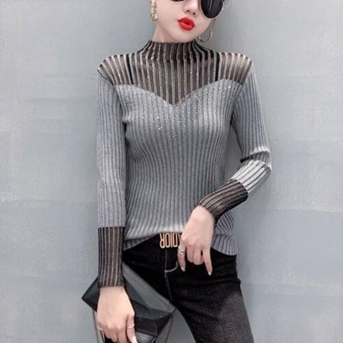 2021autumn Sexy Hot Drilling Turtleneck Sweater Slim Female Clothing Long-Sleeve Net Yarn Splicing Knitshirt Bright Silk Tops