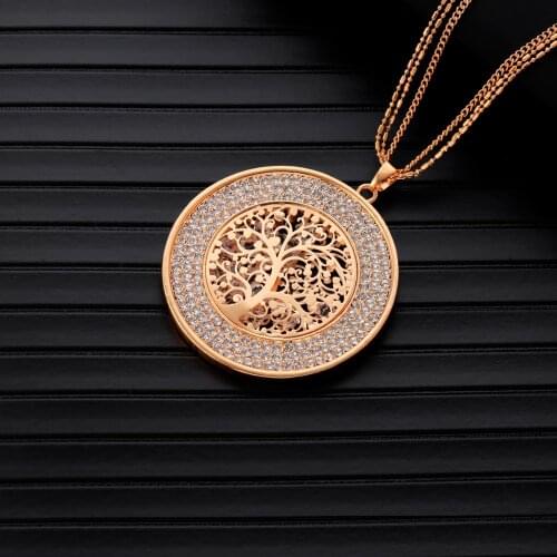Tree of life Hollow Inside Crystal Round Necklaces & Pendants Long Sweater Chains Crystal Necklace For Women Statement Jewelry