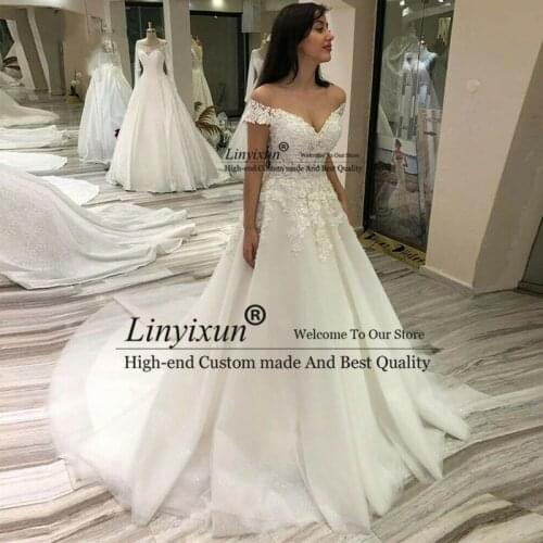 Romatic Lace Wedding Dress 2021 Off Shoulder Simple Vestidos De Noiva Glitter Bridal Gowns For Women Custom Svatební šaty
