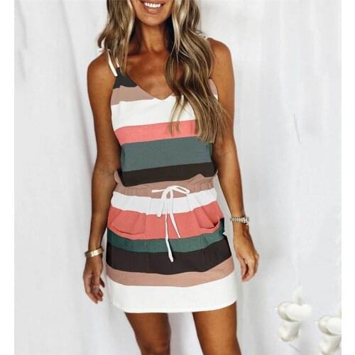 Stripe Strapless Drawstring Casual Dress Female Sling Beach Pockets V-Neck Mini Vestidos Plus Size Dresses Woman Summer 2021