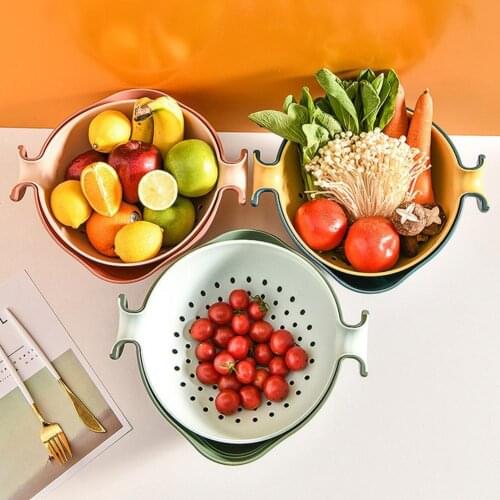 1 Set Drain Basket Anti-slip Handles Double Layer PP Creative Quick Drainage Storage Basket for Kitchen