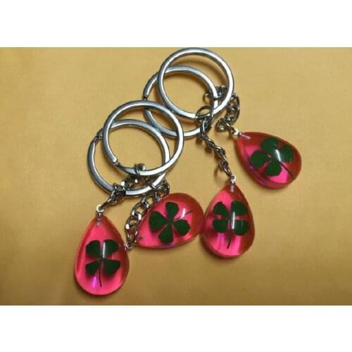 Free Shipping High Quality 12 keychain real green four leaf clover pink drop design jewelry