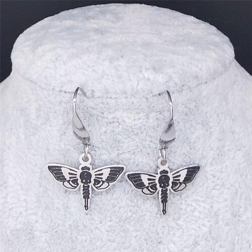 2021 Gothic Skeleton Moth Stainless Steel Drop Earrings Women Black Silver Color Earrings Jewelry joyeria aretes pequenos E11S03