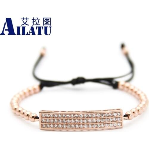Ailatu Trendy Brand Pave CZ Tubes Men Braided Macrame 4mm Copper Beads Charm Bracelet Jewelry For Men