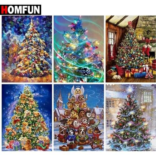 HOMFUN Diamond Painting Full Square/Round Diamond "Christmas tree scenery"Pattern Embroidery Cross Stitch 5D Rhinestone Painting