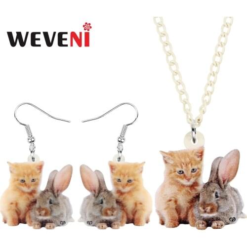 WEVENI Acrylic Easter Brown Hare Rabbit Bunny Cat Jewelry Sets Long Kitten Animal Earrings Necklace For Women Girls Novelty Gift