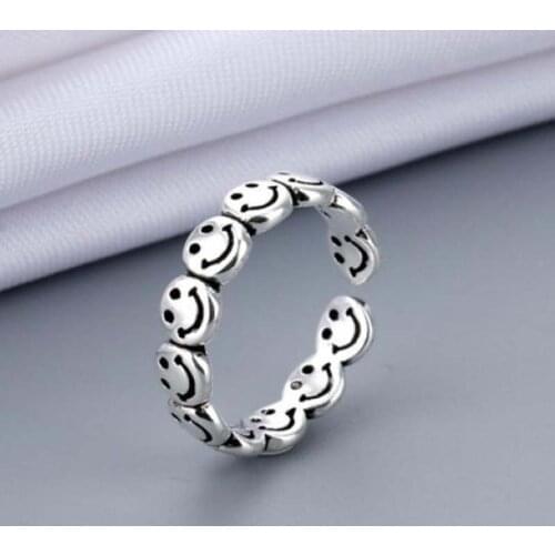 Vintage Smiling Face Rings Ancient Silver Color Happy Open Rings for Women Punk Hip Hop Adjustable Ring Fashion Jewelry Best