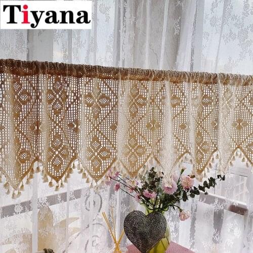 Retro Beige Cotton Thread Crochet Hollow Short Tulle Curtain Crochet Flower Sheer Curtain for Living Room Bedroom Window JK263Z