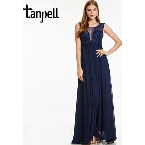 Tanpell lace long evening dress dark royal blue sleeveless floor length a line dresses cheap women beaded formal evening gown
