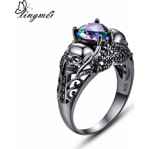 Lingmei Wholesale Drop Shipping New ExquisiteSilver ColorLove Heart Rainbow & Pink Zircon Black Gold Skull Ring Size 6 7 8