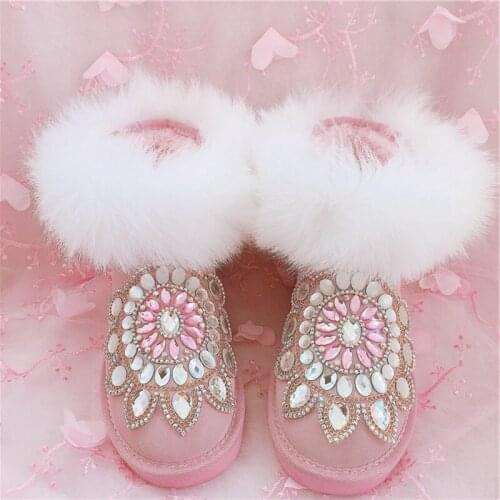Pink Cute Fluffy Furry Boots Women Real Fox Fur Snow Boots Winter Shoes Woman 2019 Rhinestone Crystal Ankle Booties Botas Mujer