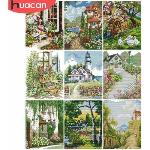 HUACAN Embroidery House White Canvas Needlework Sets Cross Stitch Landscape 11CT 14CT DIY Gift Kits Home Decoration