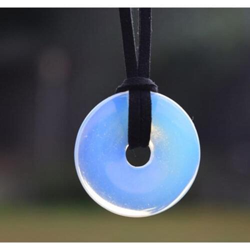 Opalite Circle Necklace, Simulated Moonstone Crystal Necklace, Stone Donut Disc, Mens Unisex,Rainbow Crystal Disc Faux Leather