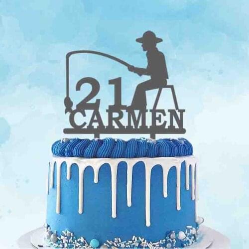 Personalized Fishing Cake Topper Custom Name Age Man Fishing Silhouette For Fishing Fans Birthday Party Cake Decoration Topper