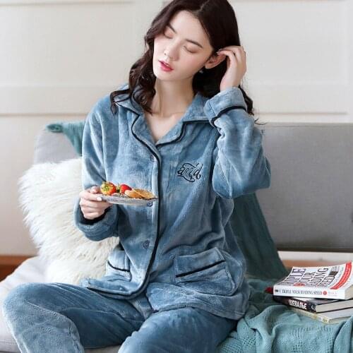 Pyjamas Winter Warm Flannel Pajamas Set Casual Home Clothes For Women Long Sleeve 2Pcs Nightwear Mujer Home Wear Women Sleepwear