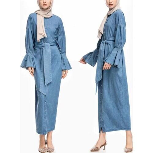 Dubai Denim Dress Women Muslim Abaya Lace-up Party hijab Dresses Ramadan Long Robe Caftan Arab Ethnic Islamic Costume Clothing