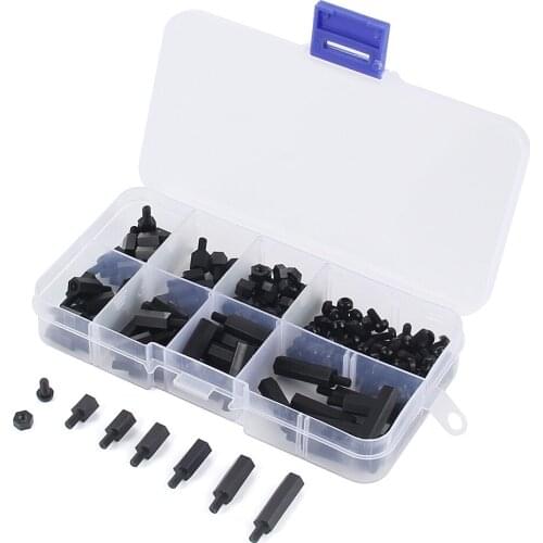 Useful 180Pcs/Set M3 Nylon Black M-F Hex Spacers Screw Nut Stand-off Assortment Box Kit Car Accessories