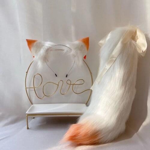 Snow Fox Ears Tails Cat Kitty Wolf Animal Cosplay Lolita KC Headwear Gradient White Orange Synthetic Fur Long Thick Headband