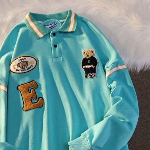 Chic Bear Embroidery POLO Shirt Sweatshirt Hip Hop Streetwear Pullovers Vintage Long Sleeve Tops 2021 Fashion Clothes for Teens