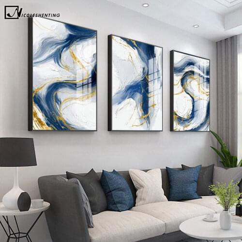 Blue Golden Abstract Graphic Art Canvas Painting Luxury Style Poster Simplicity Print Contemporary Wall Picture Home Decoration