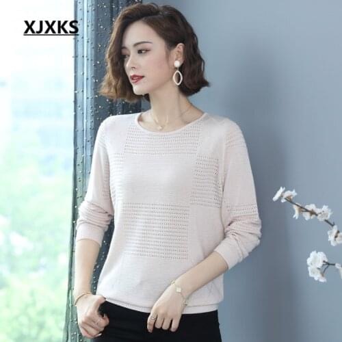 XJXKS 2020 autumn new fashion hollow women thin sweater loose plus size comfortable wool knitted sweater women pullover