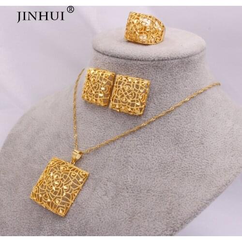 Jewelry sets Ethiopia 24K gold Dubai for women African Party wedding gifts Necklace and Earrings ring set 45cm Square Pendant