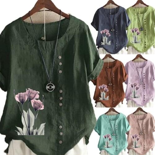 New Fashion Womens Flowers Printed Short Sleeve Round Neck Blouse Tops Casual Linen T-shirt Plus Size