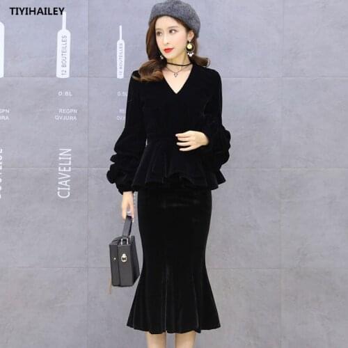 TIYIHAILEY Free Shipping Fashion Knee Length Velvet Skirt Women S-3XL Mermaid Style Fish Tail V Neck Lantern Sleeve Tops One Set