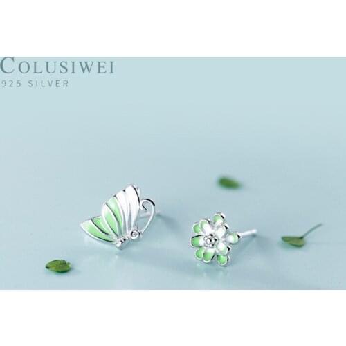 COLUSIWEI Genuine 925 Sterling Silver Asymmetric Butterfly and Flower Stud Earrings for Women Green Enamel Earrings Fine Jewelry
