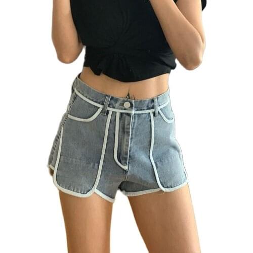 2021 Summer Color Contrast High Waist Womens New A-line Denim Short Jeans Feminino Ladies Biker Shorts