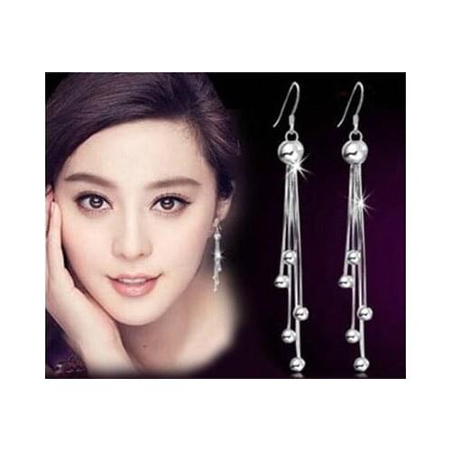 New Arrival Female Earrings Stamp Silver Color Five Beads Long Tassel Earrings for Women Super Flash Jewelry Girl Gift