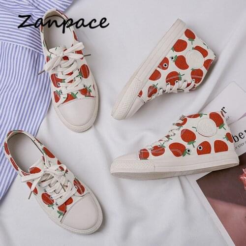 Zanpace Flat Shoes Women Casual Strawberry White Ladies Shoes Canvas Flat Platform Sneakers 2019 Retro Shallow Zapatos De Mujer