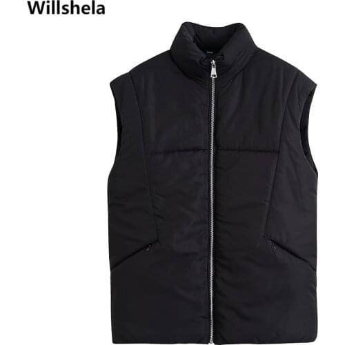 Willshela Women Fashion Front Zipper Solid Vest Vintage High Neck Sleeveless Casual Female Jacket Chic Outfits